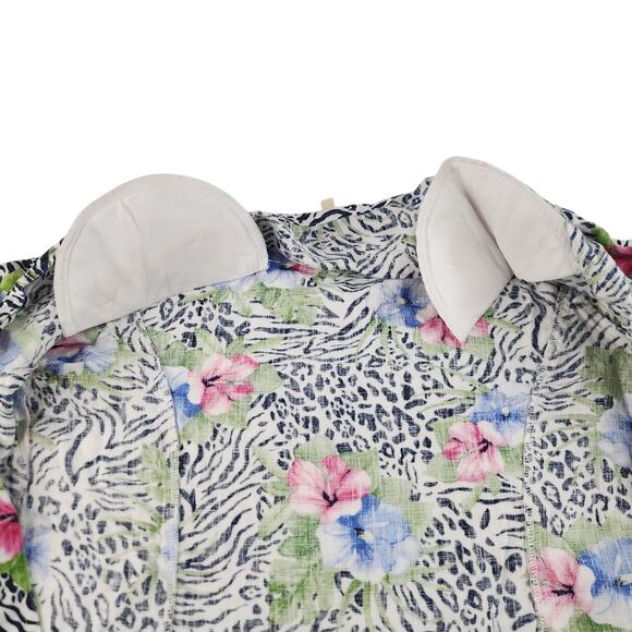 Vintage Hawaiian Cardigan Womens PL Large Petite 100% Linin Hibiscus Zebra Print - Picture 12 of 16